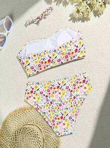 Swim Mod Ensemble bikini bandeau avec imprimé de petites fleurs, pour l'été à la plage