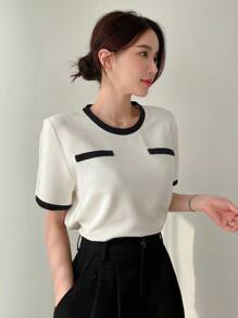 Dazy Designer 圆领拼色T恤，设计感十足，夏季 - 白色 - 查看 4