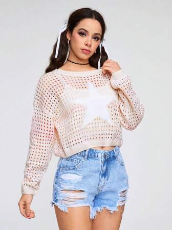 Kawaii Jersey De Manga Larga Con Cuello Redondo Para Mujer Con Patrón De Estrella De Degradado De Color Y Estilo Hueco