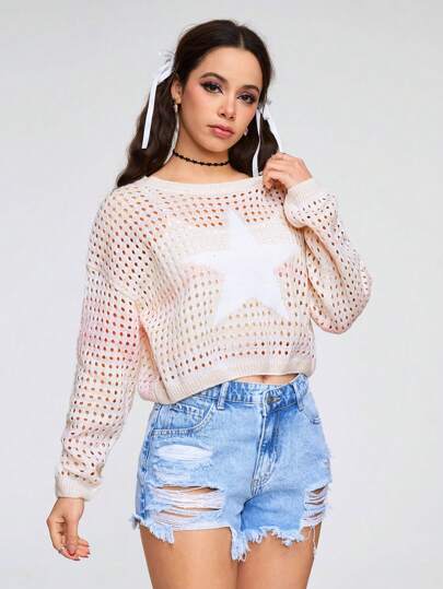 Kawaii Pull Col Rond Pour Femme Avec Motifs D'étoiles Couleur Dégradée Et Manches Longues Évidées