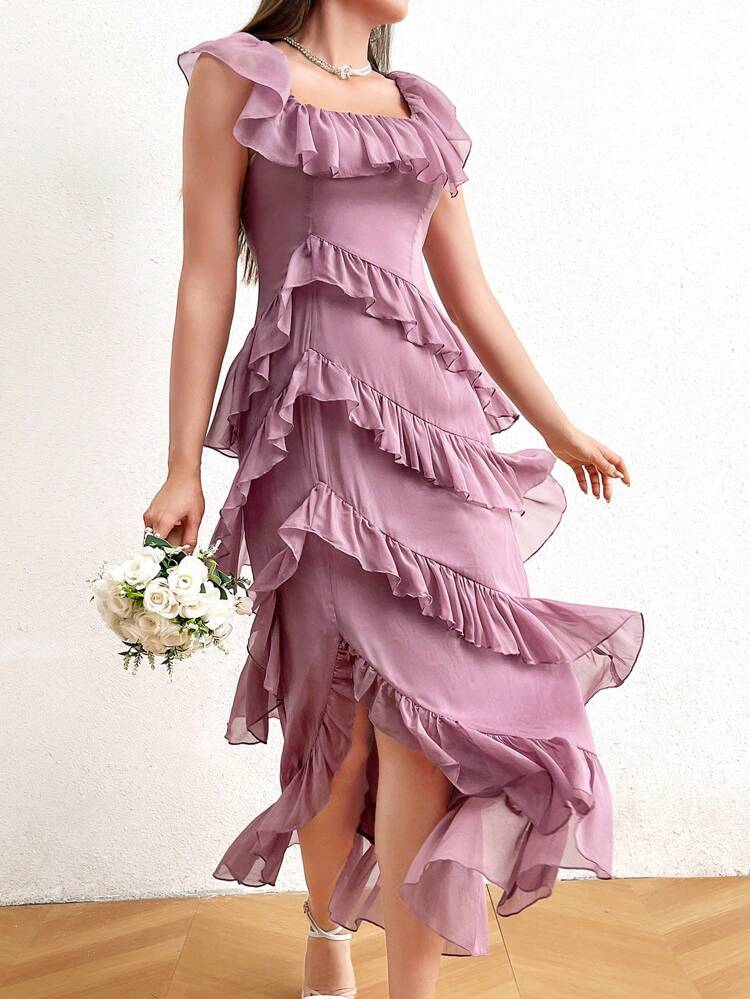 Asymmetric Hem Ruffle & Decor Detail Square Neckline Dress Long Evening Dresses