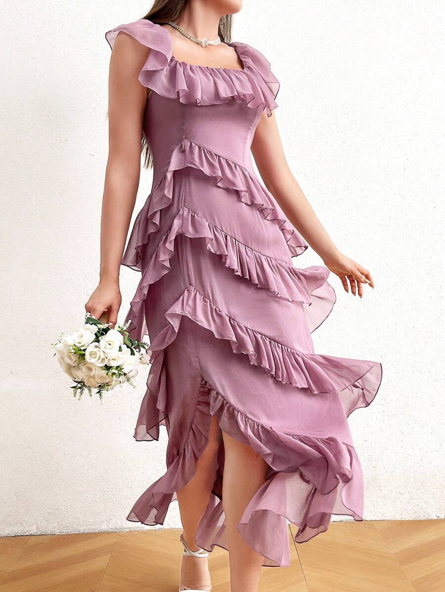 Modelyn Asymmetric Hem Ruffle & Decor Detail Square Neckline Dress Long Evening Dresses - Pink - View 1