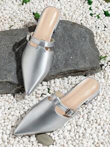 2024年新款春季低跟尖頭帶扣半拖鞋女款,適用於戶外 - 銀色 - 查看 4