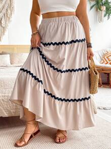 SHEIN Holidaya 大尺碼彩塊彈性腰流蘇裙 - 杏色 - 查看 5