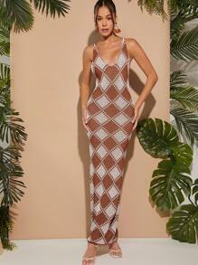 Hauture Eng anliegendes Maxi-Strickkleid mit Karomuster für den Sommerurlaub