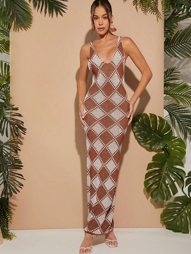 Checker Knit Bodycon Maxi Sweater Dress For Summer Vacation
