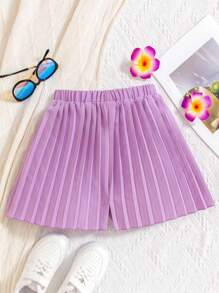 SHEIN Cô gái Tween Xếp li Lỏng lẻo phù hợp Giải trí Quần short , Dệt , Màu thuần , Cho mùa xuân Và Mùa hè Kỳ nghỉ - Màu tím - Xem 1