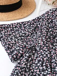 SHEIN LUNE Váy xếp ly cổ chữ V in hoa mùa hè cỡ lớn - màu đen - Xem 4