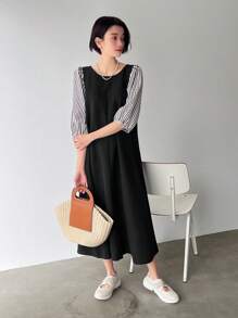 FRIFUL 女士條紋拼接中長款連衣裙 - 黑色 - 查看 4