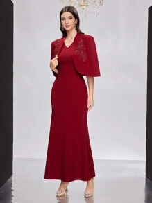 Modelyn 女士阿拉伯风格花卉刺绣斗篷袖端庄连衣裙，优雅晚会礼服 - 紅色 - 查看 3