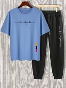 Manfinity Homme 男士加大碼字母印花短袖t恤搭配抽繩腰長褲套裝 - 彩色 - 查看 3