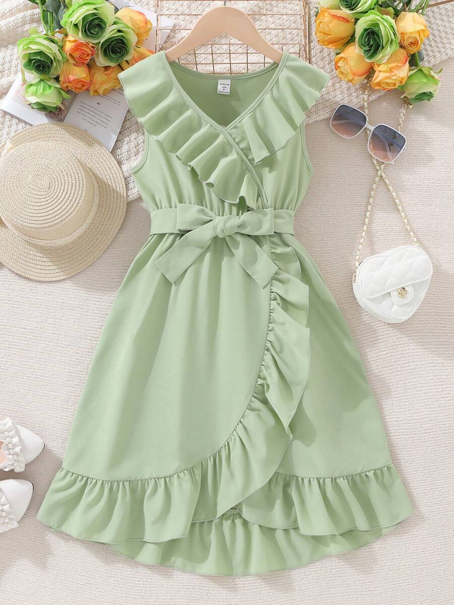 SHEIN Vestido Sin Mangas De Color Sólido Para Niñas Preadolescentes Con Adornos De Volantes Y Cinta Decorativa