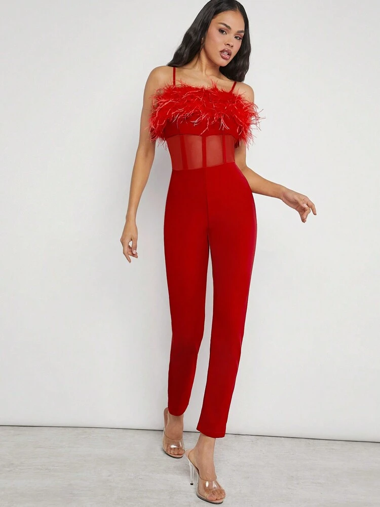 Knit Crape Jumpsuit With Feathers