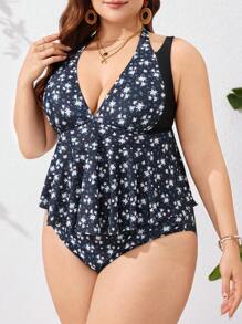 SHEIN Swim Curve Plus Size Summer Allover Printed Vest Style Tankini, Bathing Suit Beach Outfit Vacay Vibe - Multicolor - View 5