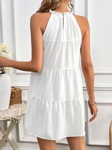 SHEIN Frenchy Đầm Nút viền lá sen Viên lá sen phân lớp màu trơn Dễ thương - trắng - Xem 6