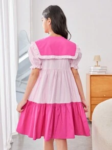 SHEIN Tween Girls' Loose Cute School Daily Color Block Bubble Sleeve Midi Dress
