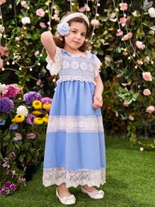 SHEIN Young Girl Sweet And Cute Lace Trim Decorated Patchwork Ruffle Dress For Summer - Blue and White - View 5