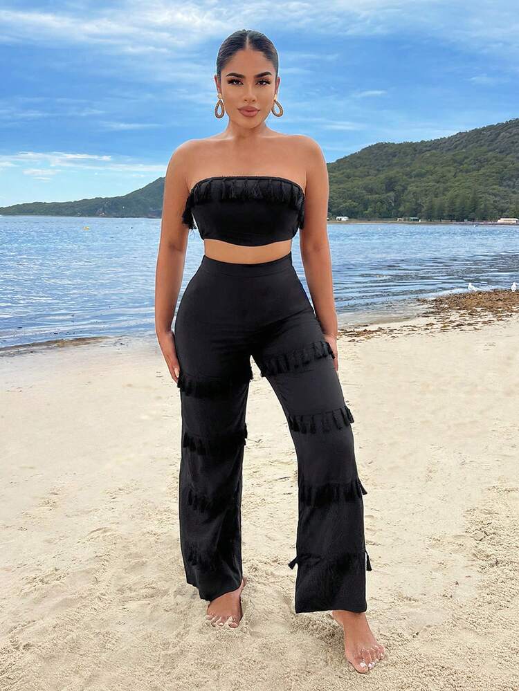 Crop Top With Tassels Embellishment And Straight Pants