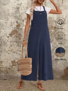 EMERY ROSE Women's Summer Solid Color Wide Leg Jumpsuit Cotton Jumpers And Women Rompers - Blue - View 6