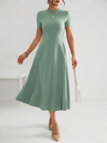 SHEIN Essnce Solid Colored Short Sleeve Stand Collar Women's Dress - Mint Green - View 1
