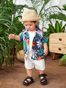 SHEIN 嬰兒男童休閒夏季假期植物圖案短袖襯衫和純色短褲套裝 - 彩色 - 查看 6