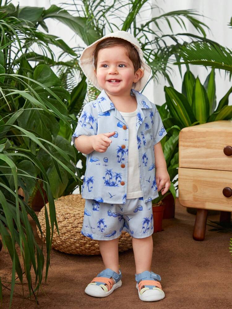 Baby Boy's Casual Coconut Tree Pattern Short Sleeve Shirt With Elastic Waistband Shorts, Summer Holiday Outfit