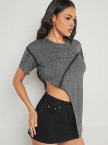 Hauture 不对称水洗短袖上衣，时尚适合夏季 - 灰色 - 查看 3