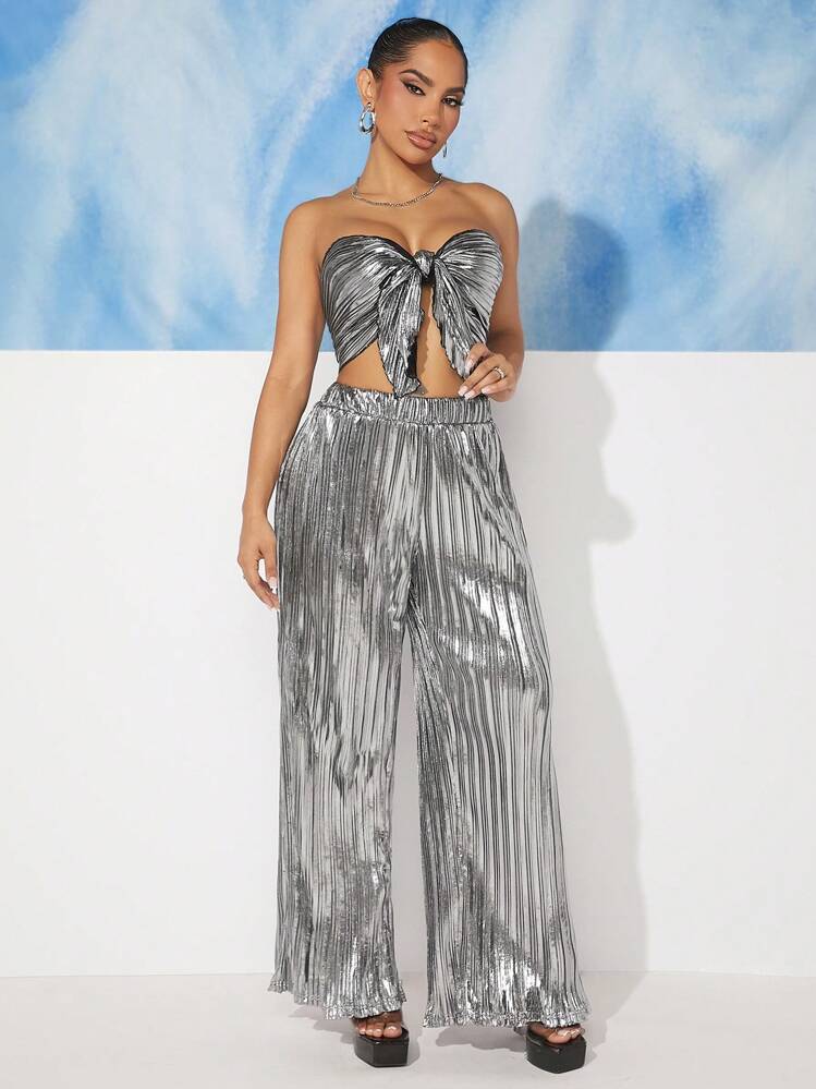 SHEIN SXY Music Festival Party Country Concert Women's Strapless Knot Front Top And Pants Two Pieces Set Silver Coating Summer Two Pieces Outfits - Silver - View 4