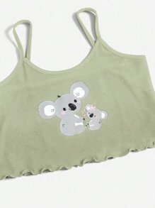 Tween Girl Simple And Cute Koala Printed Tank Top And Shorts Set, Leisure Home Clothes - Green - View 3