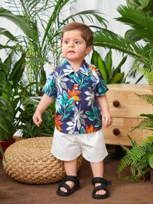 SHEIN 嬰兒男童休閒夏季假期植物圖案短袖襯衫和純色短褲套裝 - 彩色 - 查看 3