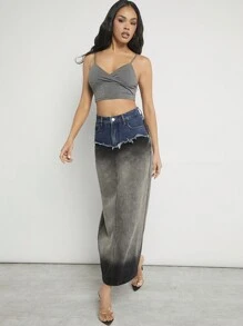 Denimoi Fashion Colorblock Ombre Frayed Denim Skirt - Black - View 3
