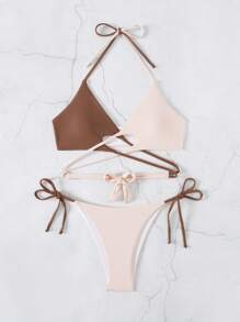 SHEIN Swim 女士拼色交叉镂空挂脖比基尼套装夏季海滩 - 彩色 - 查看 4