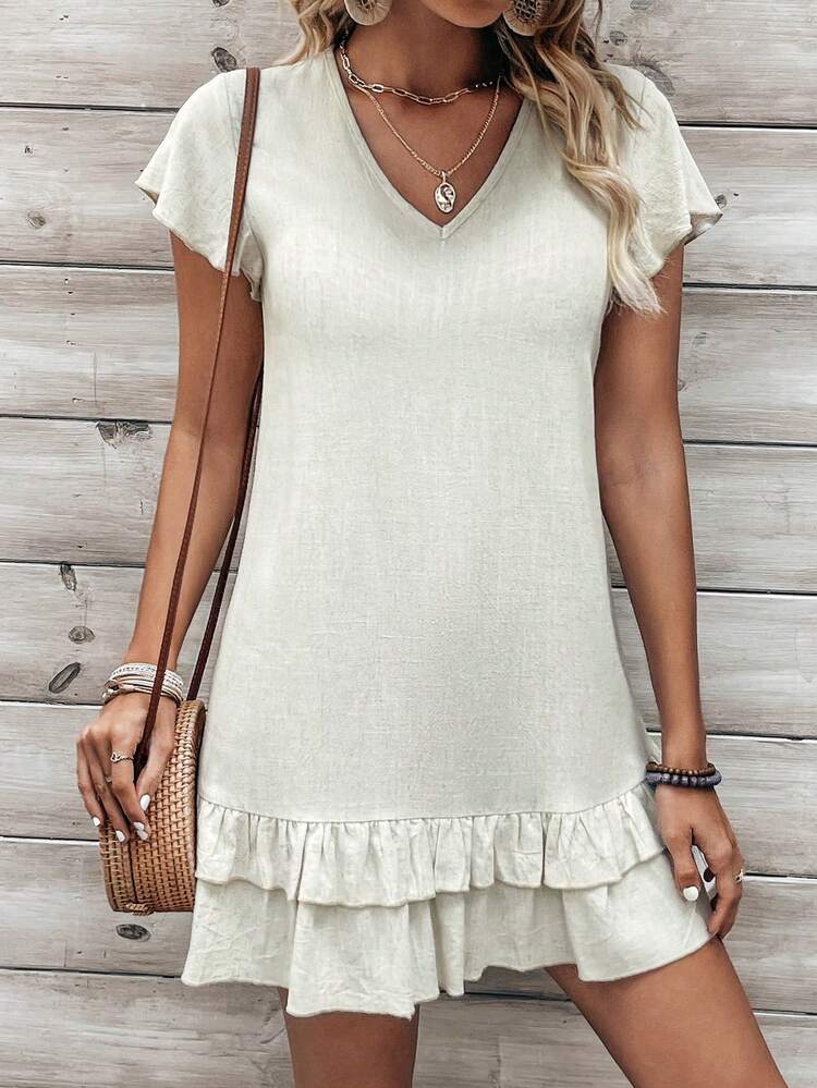 V-Neck Double Layered Ruffle Hem Dress
