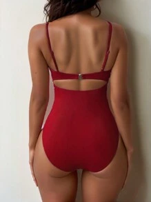 SHEIN Swim Summer Beach Solid Color One-Piece Swimsuit With Twist And Hollow Out Design - Red - View 2