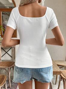 SHEIN Frenchy Women's Summer Solid Color Ribbed Knit Slim Fit T-Shirt,Effortless Chic All White Tee,Casual Occasion Essential,Cottagecore Wedding Season Style - White - View 6