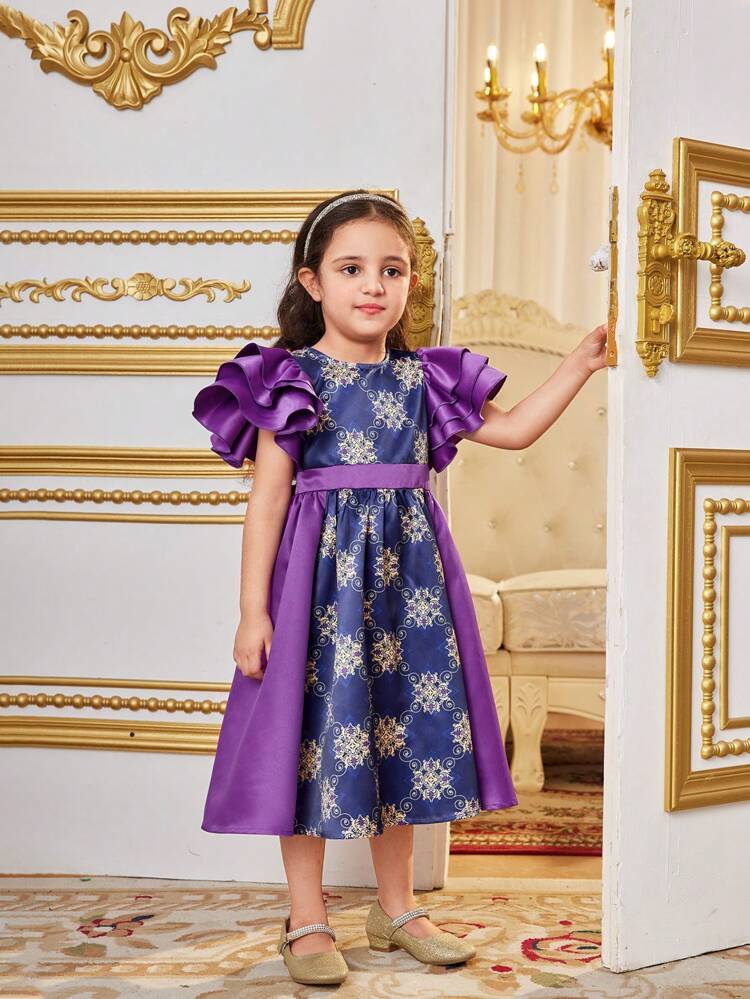 Young Girl Cute Round Neck Multi-Layer Ruffle Sleeve Midi Dress With Splicing & Contrasting Floral Print