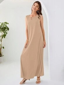 Al Najma Solid Colored Sleeveless Loose Fit Dress For Casual Wear - Apricot - View 5