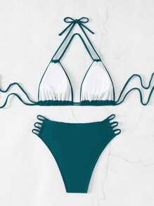 SHEIN Swim 女士纯色吊带分体比基尼套装夏季海滩 - 墨綠色 - 查看 3