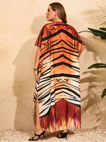 Al Najma Plus Size Leopard Print And Gemstone Pattern V-Neck Batwing Sleeve Arab Garment - Multicolor - View 2