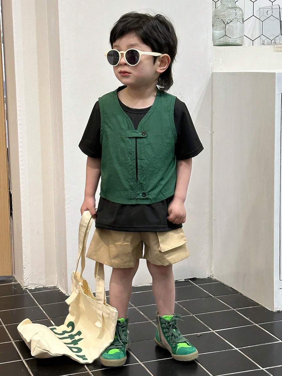 SHEIN 2pcs/Set Young Boy Outfit, Japanese Style Colored Sleeveless Vest And Knee-Length Shorts With Pockets - Multicolor - View 1