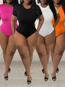 Slaydiva Plus Size Casual Basic Round Neck Short Sleeve Bodysuit Set