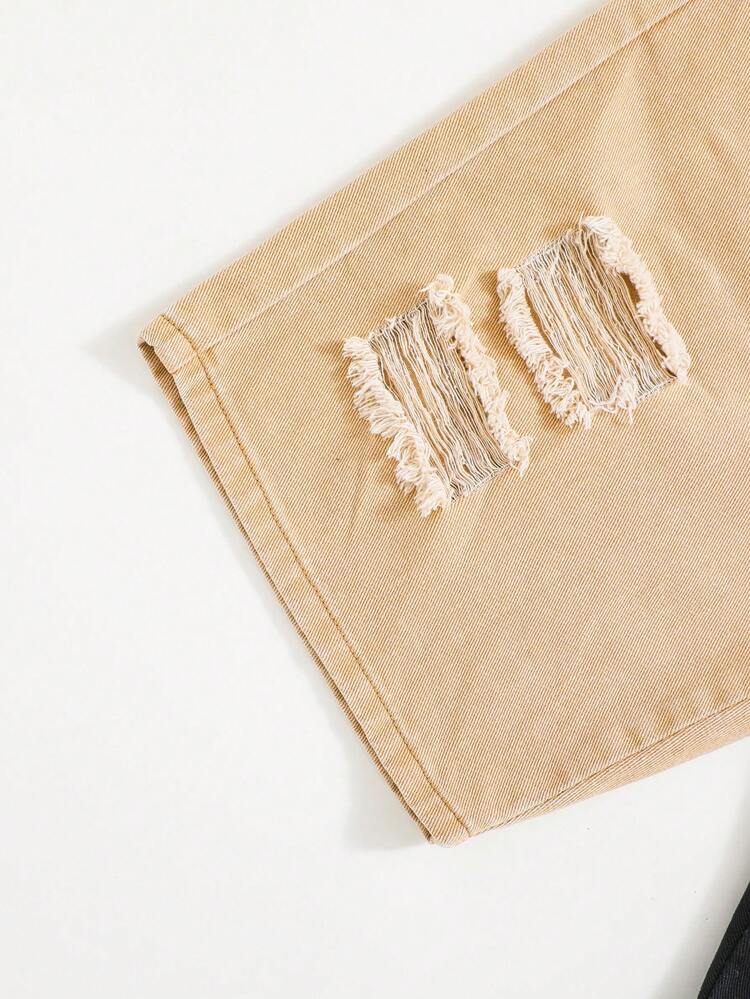 Teen Boys' Ripped Frayed Color Block Denim Shorts, For Spring And Summer