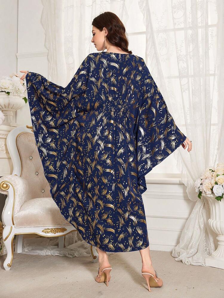 Arabic Style Gold Color Pattern Cinching Waist Dress