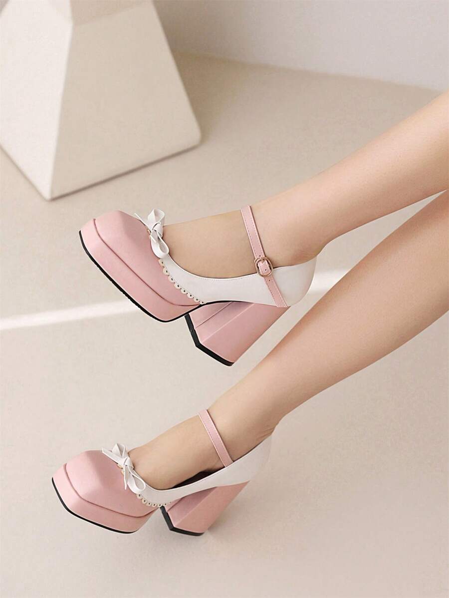 防水台、蝴蝶結高跟鞋,適合婚禮、女鞋 - 粉色 - 查看 1