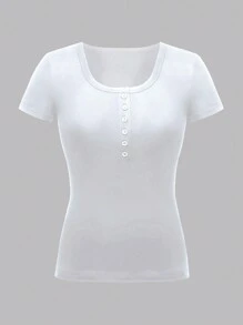 INAWLY Women's Solid Color Button Half Placket T-Shirt - White - View 3