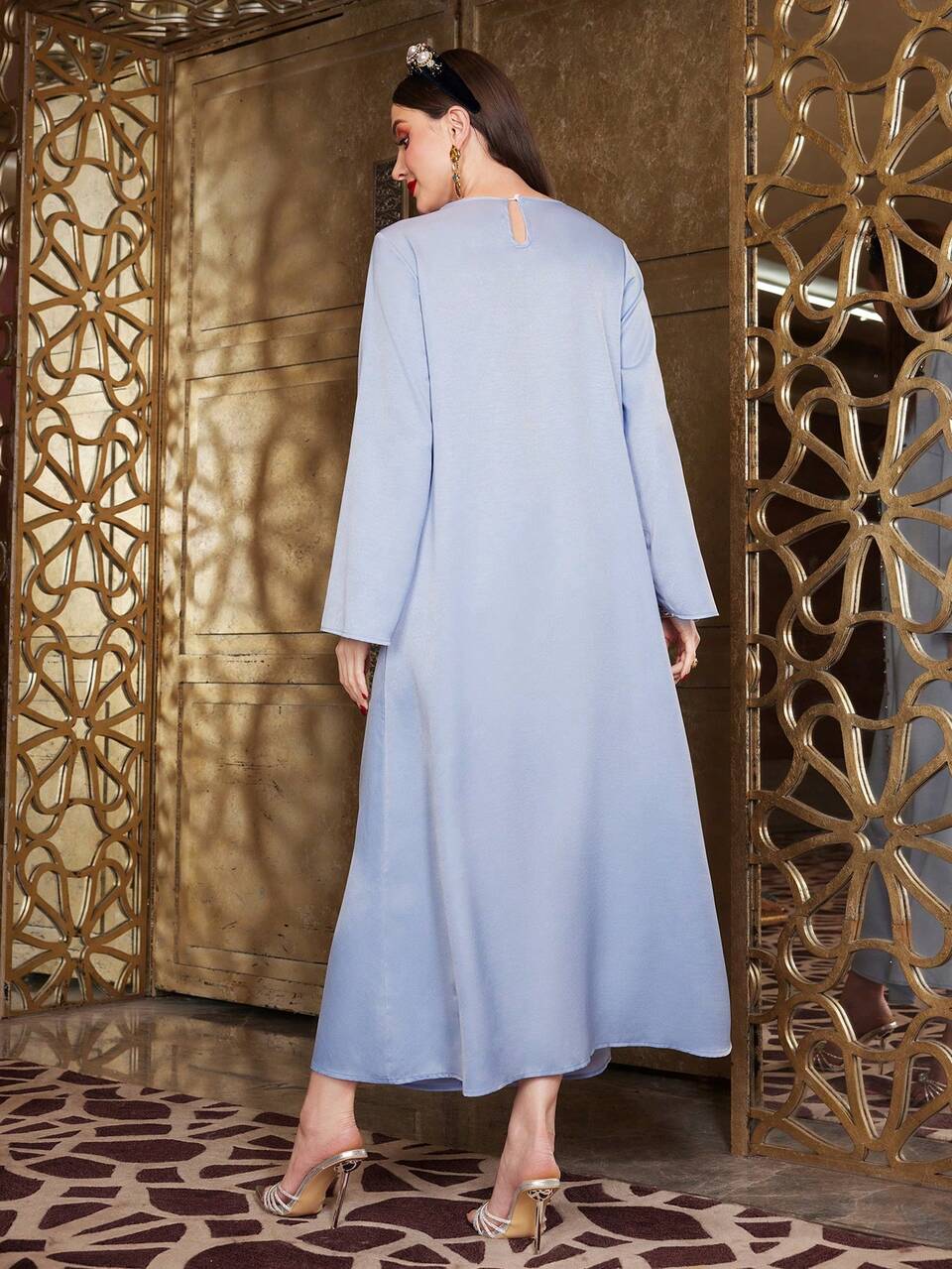 Loose Fit Mesh Splice Dress With Rhinestone Decorated Round Neckline Fall Cloth For Women