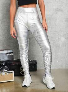 SHEIN 少女彈性PU皮革製褲子，帶有折邊和縫裂裝飾 - 銀色 - 查看 5