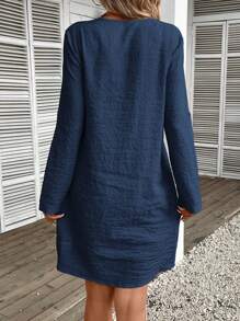 EMERY ROSE 女式拉鍊半開襟卷起袖口連衣裙 - 藏蓝色 - 查看 2