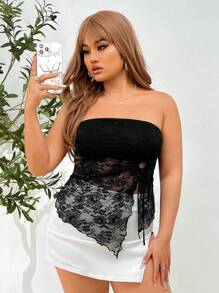 SHEIN ICON Plus Size Lace Asymmetrical Hem Bandeau Top, For Summer - Black - View 4