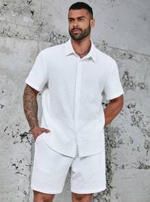 Manfinity Homme Men's Plus Size Solid Color Short Sleeve Shirt And Shorts Set - White - View 6